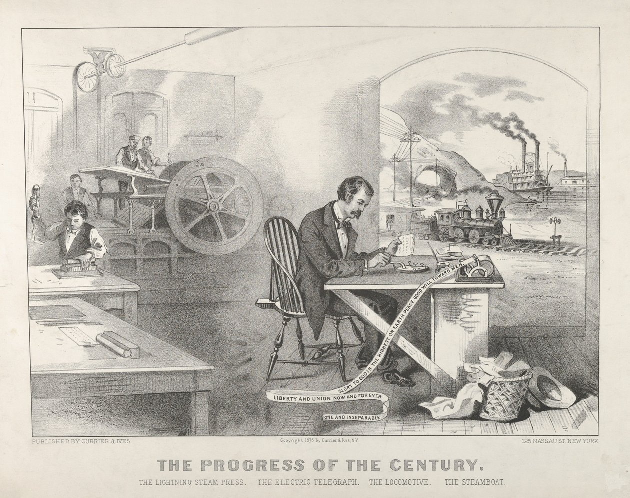 Århundredets fremskridt: Lyndamppressen, Den elektriske Telegraf, Lokomotivet, Dampbåden af Currier and Ives