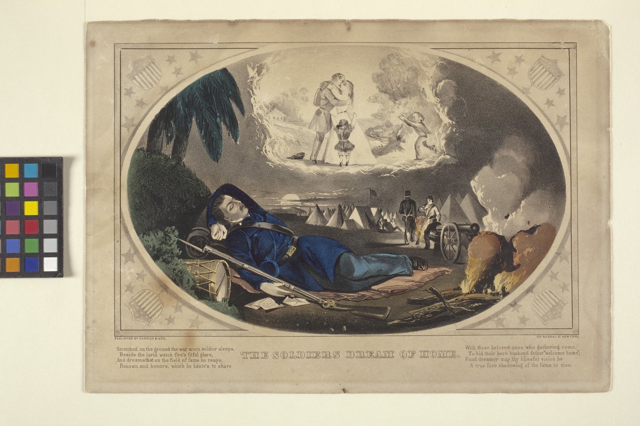 Soldatens drøm om hjemmet (håndkoloreret litografi) af N. and Ives J.M. (1824 95) Currier