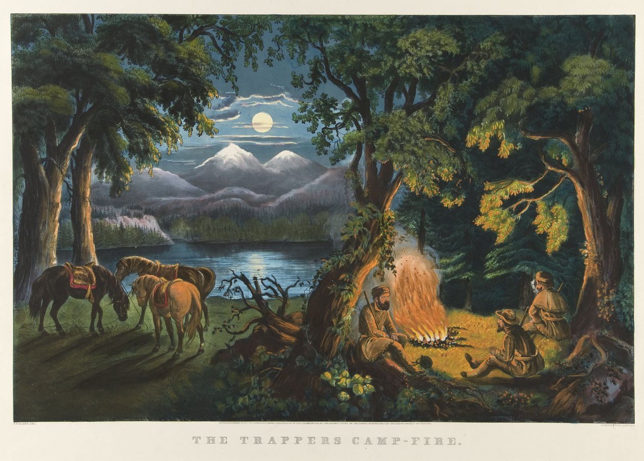 Fangstmændenes lejrbål af Currier and Ives