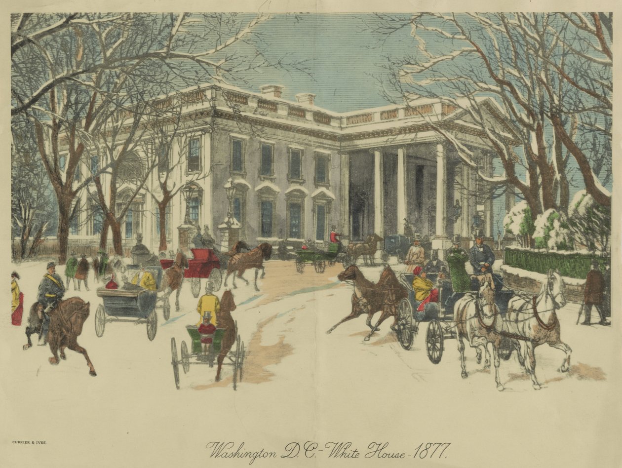 Det Hvide Hus, Washington D.C. 1877 (farvelitografi) af Currier and Ives