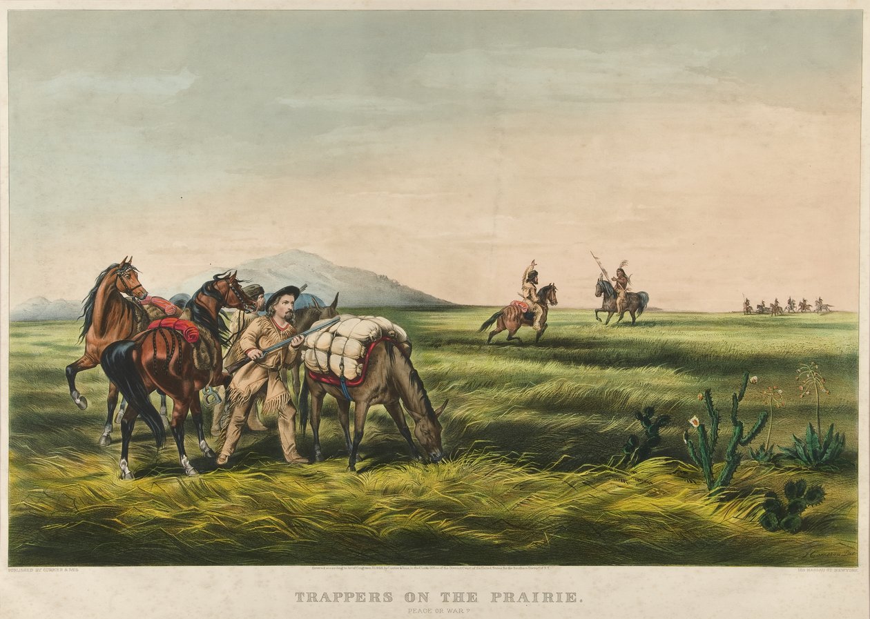 Fangstmænd på prærien / fred eller krig? 1866 (farvelitografi) af Currier and Ives