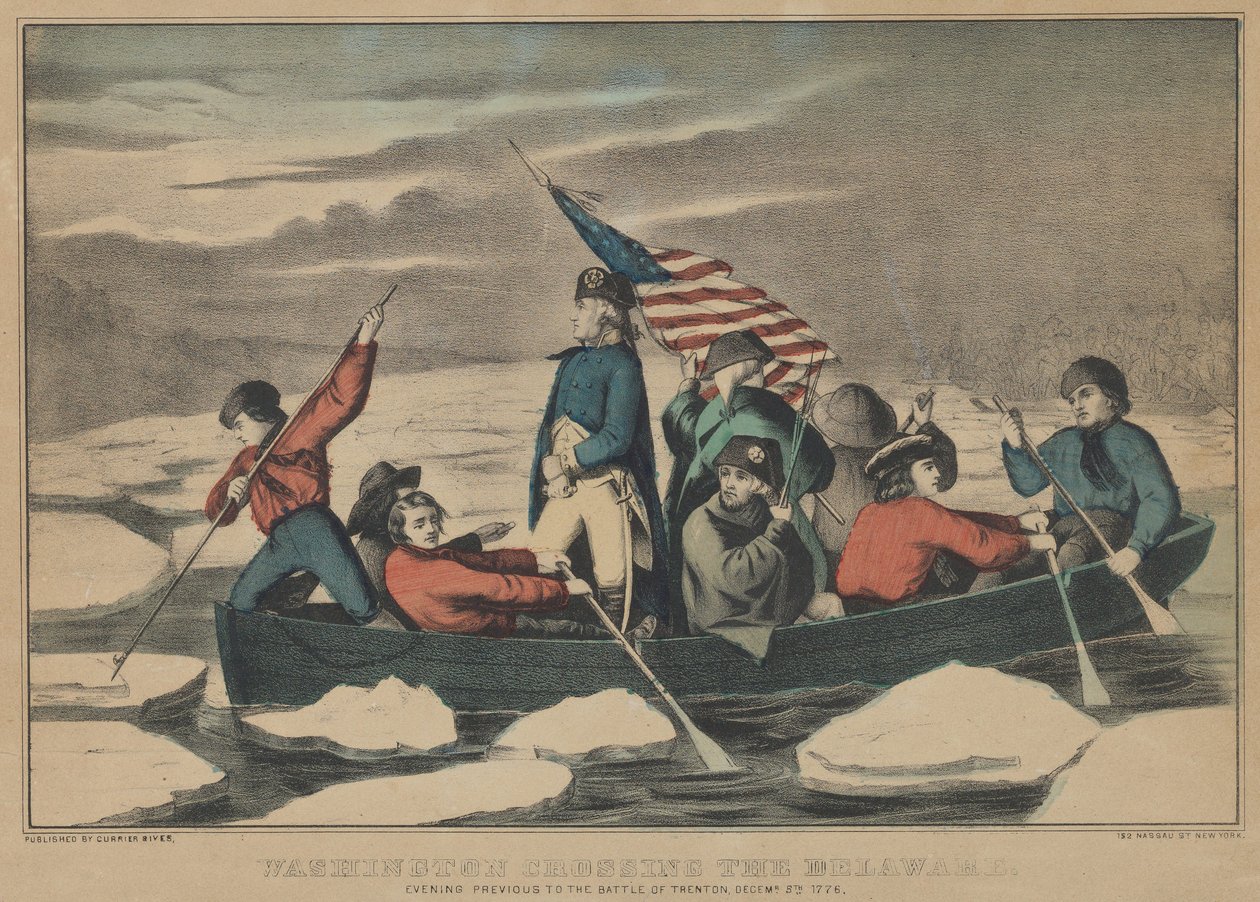 Washington krydser Delaware om aftenen før slaget ved Trenton, 5. december 1776 af Currier and Ives