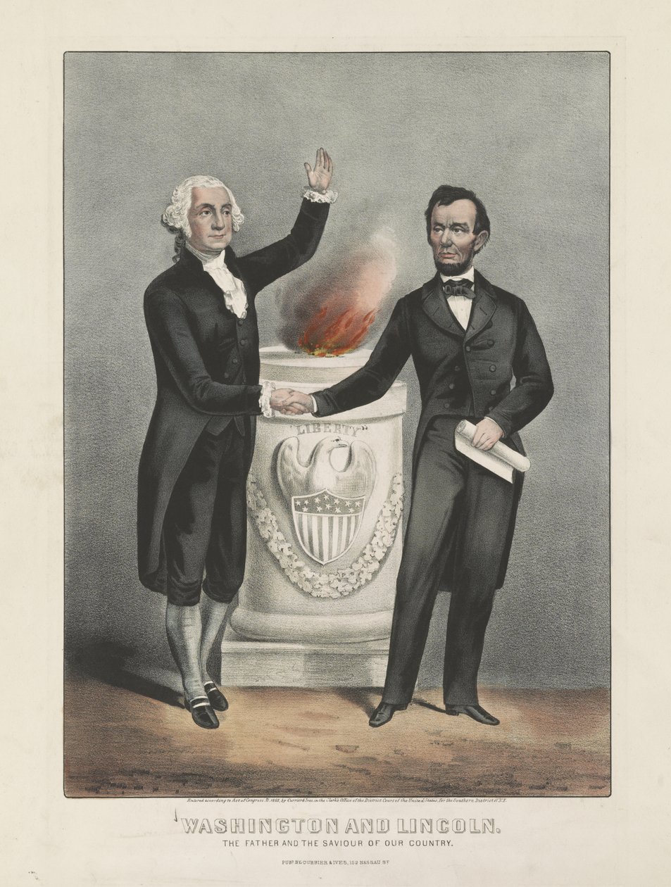 Washington og Lincoln. Vort lands fader og frelser, ca. 1865 (farvelitografi) af Currier and Ives