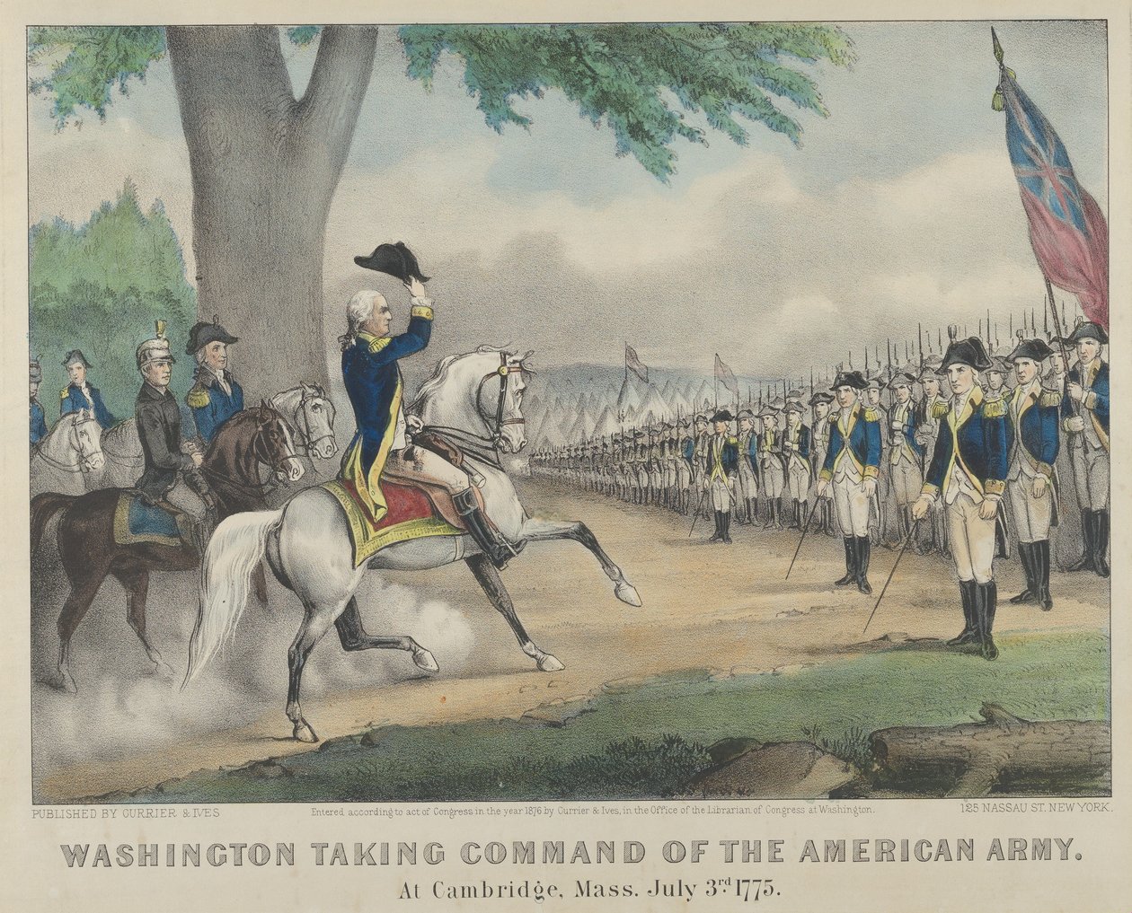 Washington overtog kommandoen over den amerikanske hær i Cambridge, Massachusetts den 3. juli 1775 af Currier and Ives