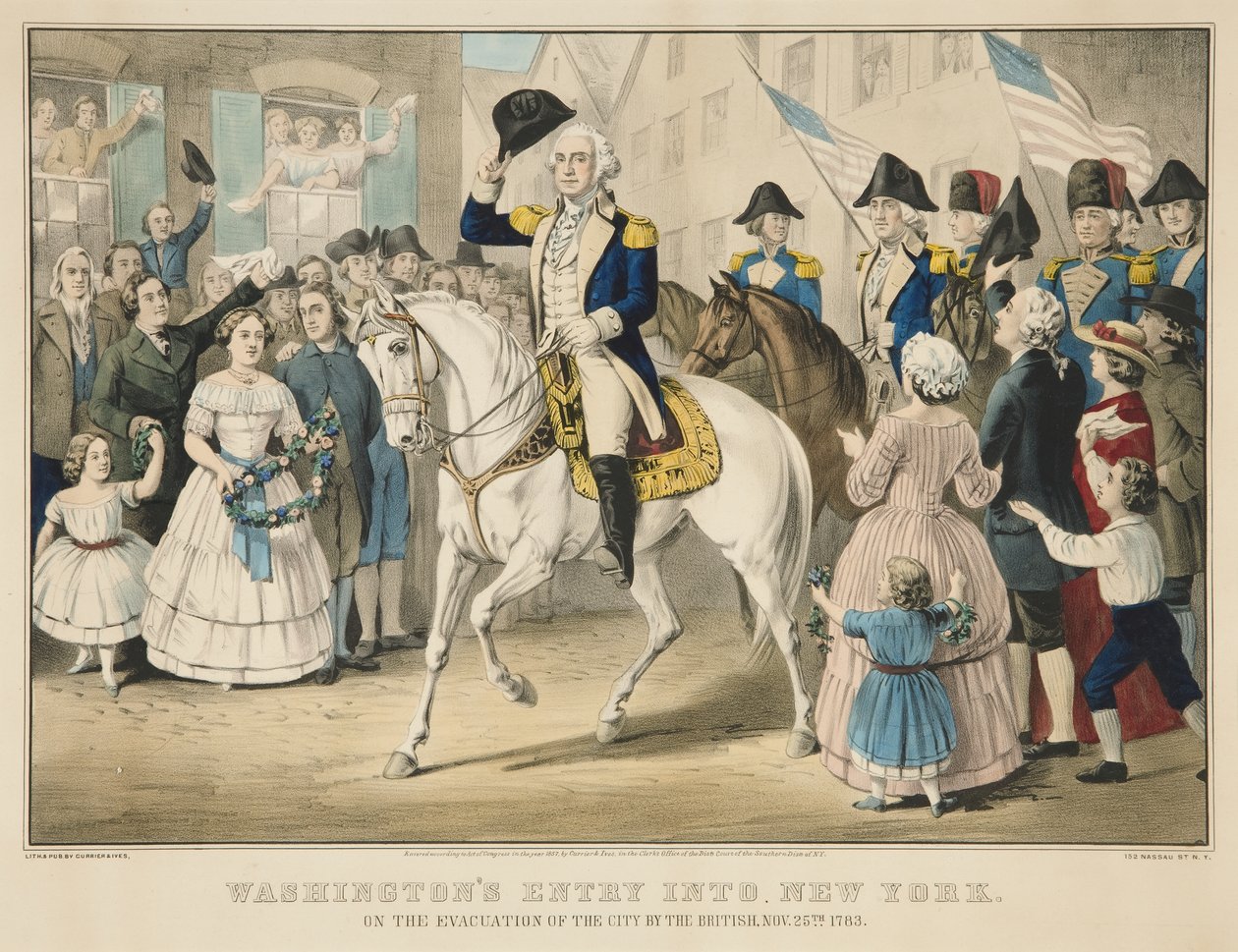 Washingtons indtog i New York efter briternes evakuering af byen den 25. november 1783 af Currier and Ives