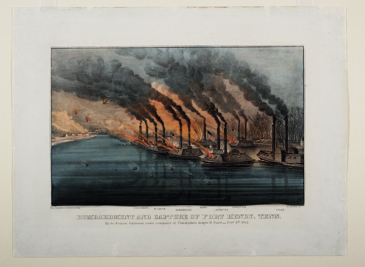 Bombardement og tilfangetagelse af Fort Henry, Tenn, ca. 1862 af N. and Ives, J.M. Currier