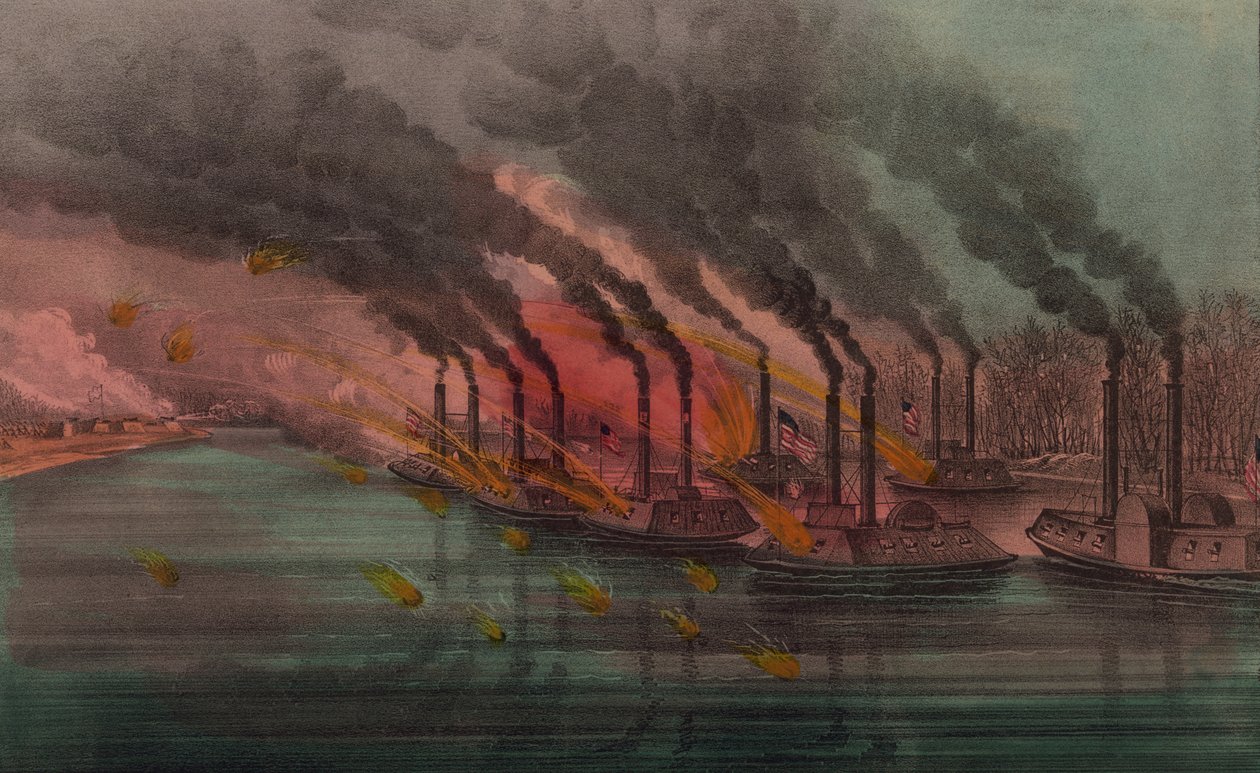 Bombardement og erobring af Fort Henry af føderale kanonbåde, 1862 af N. and Ives, J.M. Currier