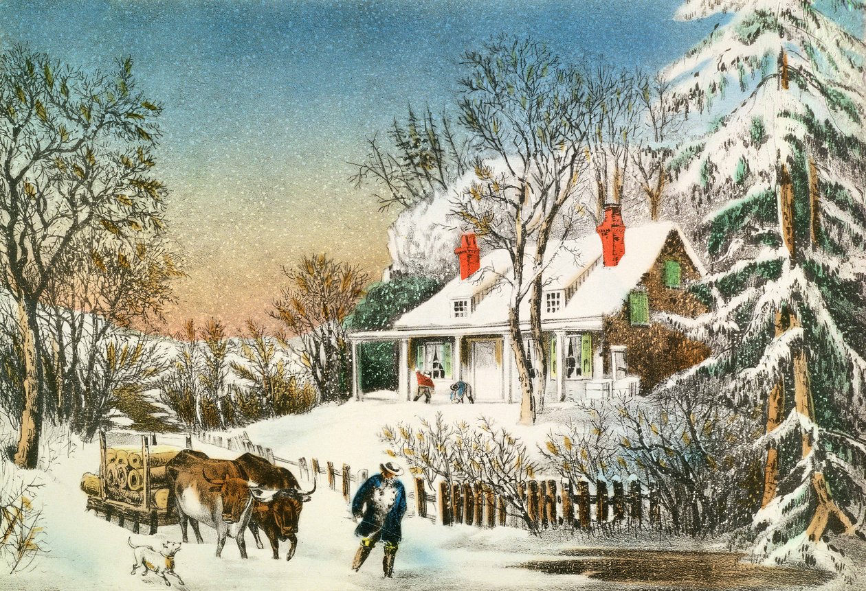 Bringing Home the Logs, Winter Landscape, 1800-tallet af N. and Ives, J.M. Currier