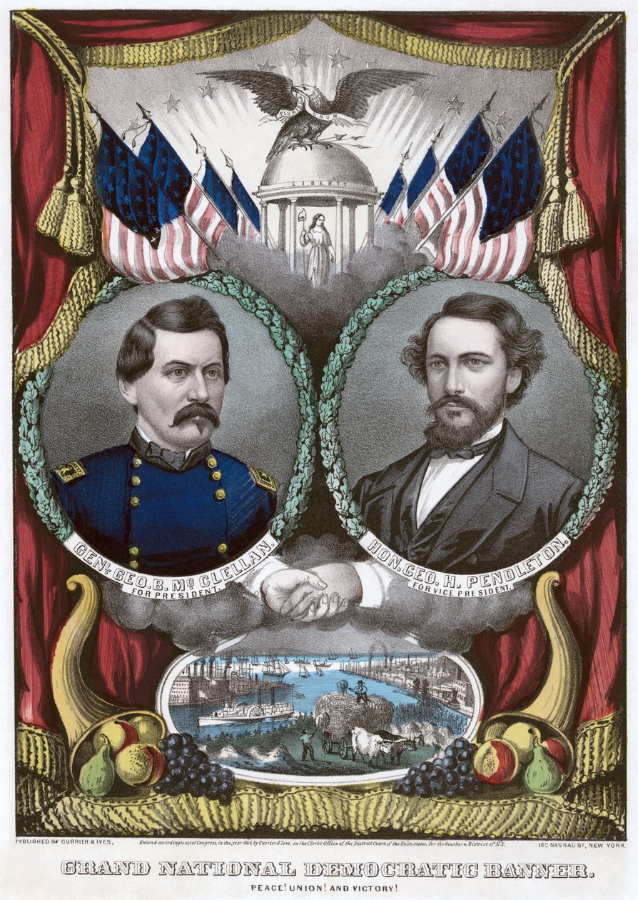 Grand National Democratic banner. Fred! Union! og sejr!, 1864 af N. and Ives, J.M. Currier