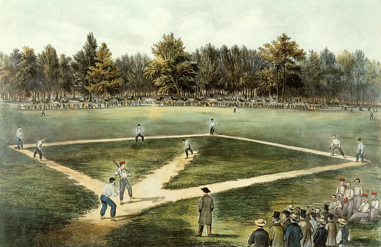 The American National Game of Baseball - Grand Match på Elysian Fields, Hoboken, NJ, 1866 (se 32902) af N. and Ives, J.M. Currier