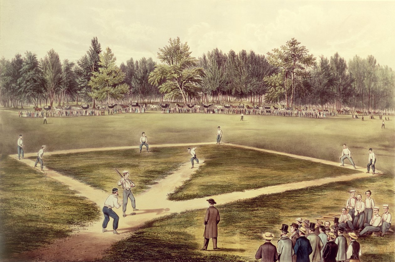 The American National Game of Baseball - Grand Match på Elysian Fields, Hoboken, NJ, 1866 (se også 159490) af N. and Ives, J.M. Currier