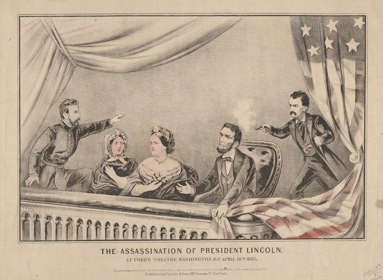 Mordet på præsident Lincoln ved Fords Theatre, Washington, 1865 (håndkoloreret litografi) af N. and Ives, J.M. Currier