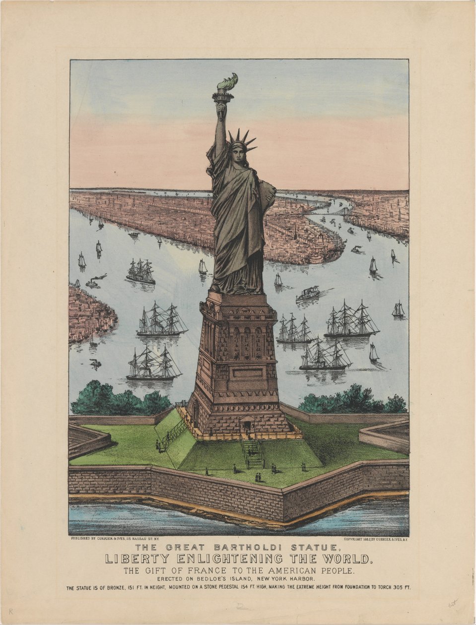 Den store Bartholdi-statue – Liberty Enlightening the World, 1885 (håndfarvet litografi) af N. and Ives, J.M. Currier