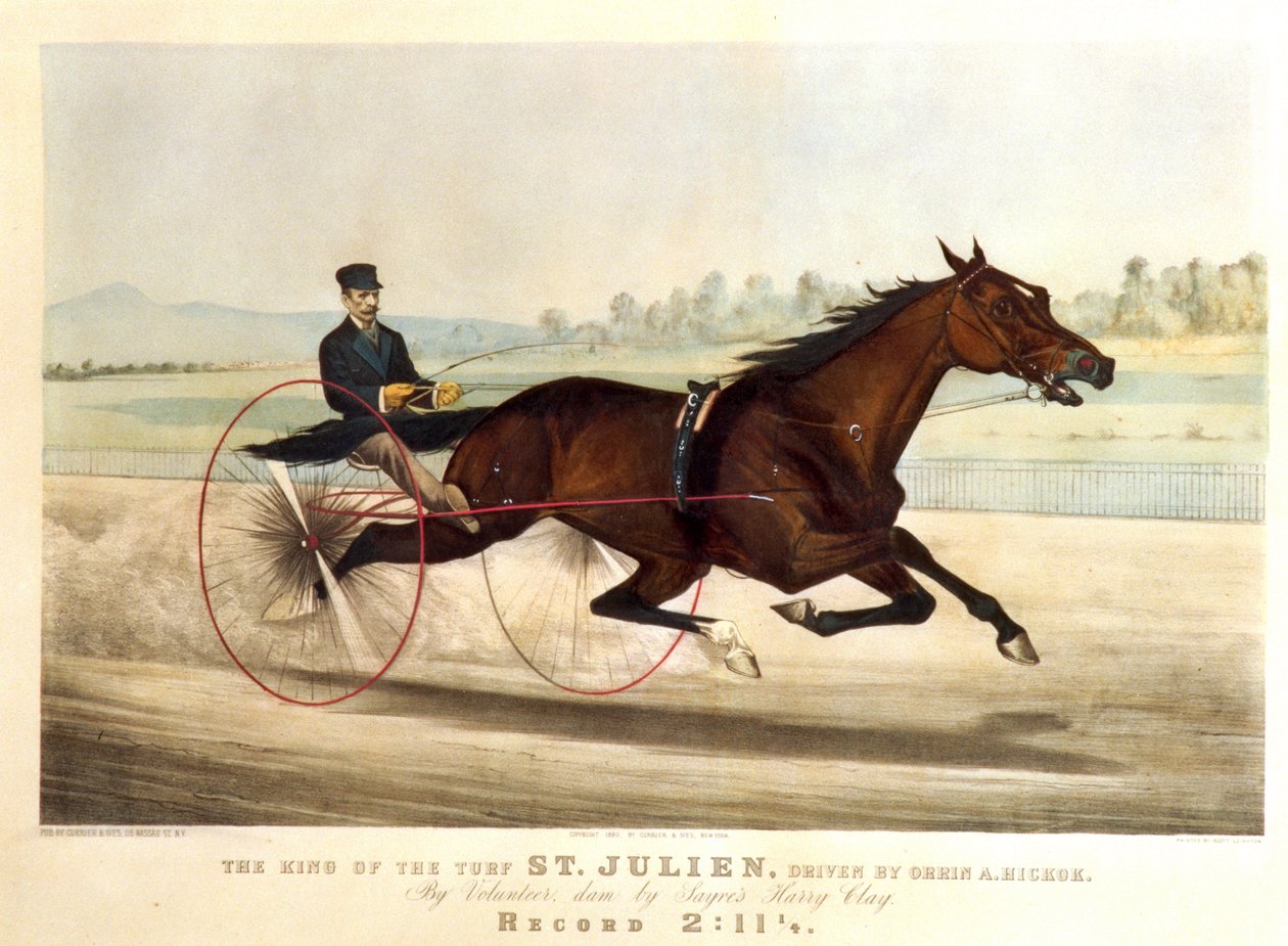 Turfkongen, "St. Julien", kørt af Orrin A. Hickok, 1880 (litografi) af N. and Ives, J.M. Currier