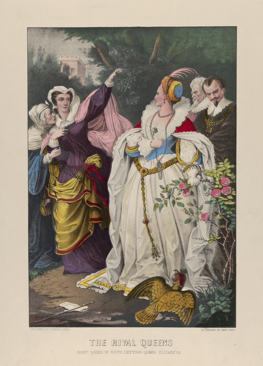 The Rival Queens, Mary Queen of Scots Defying Queen Elizabeth, 1857-72 (Håndfarvet litografi) af N. and Ives, J.M. Currier