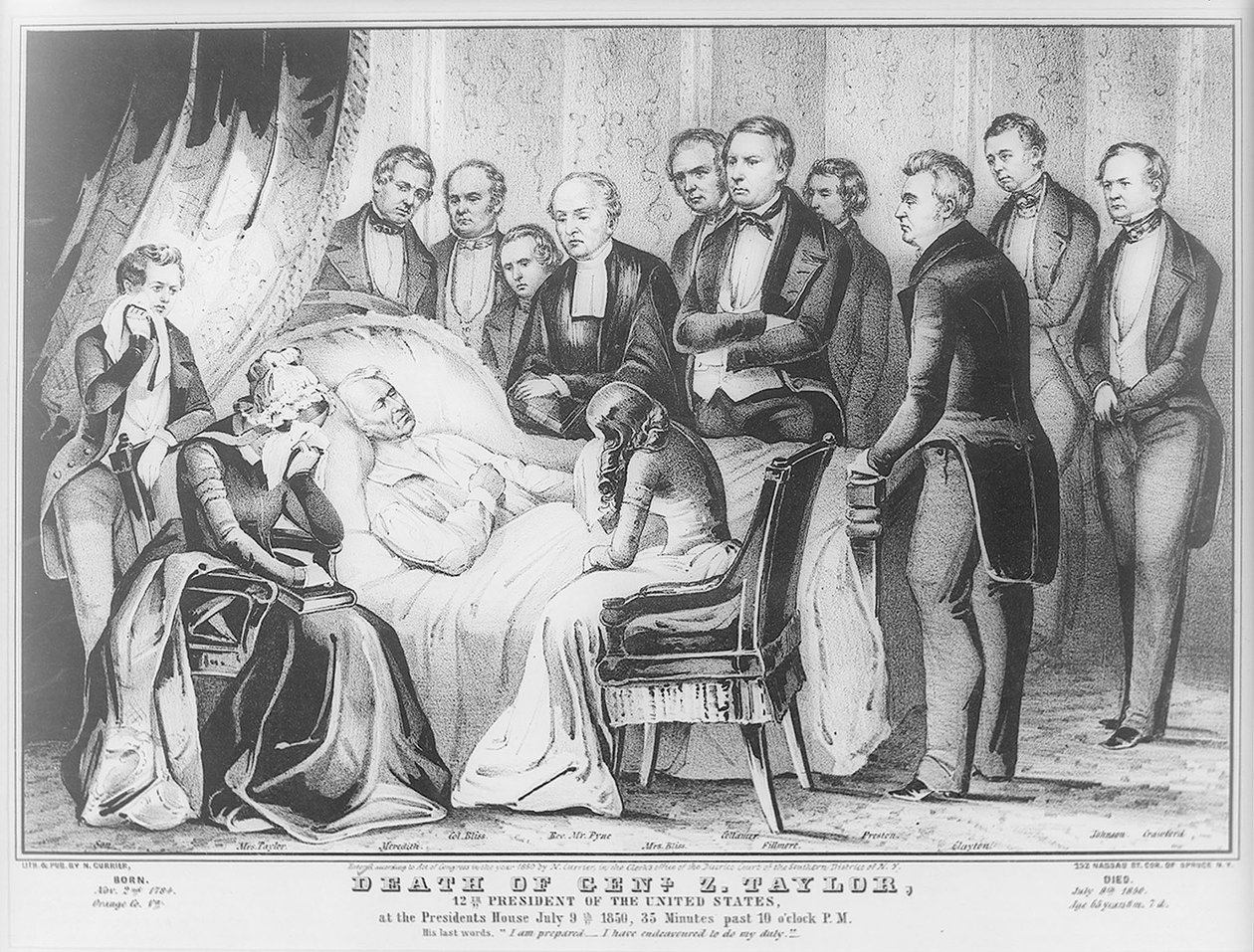 Zachary Taylor på sit dødsleje i Det Hvide Hus, 1850 af N. and Ives, J.M. Currier