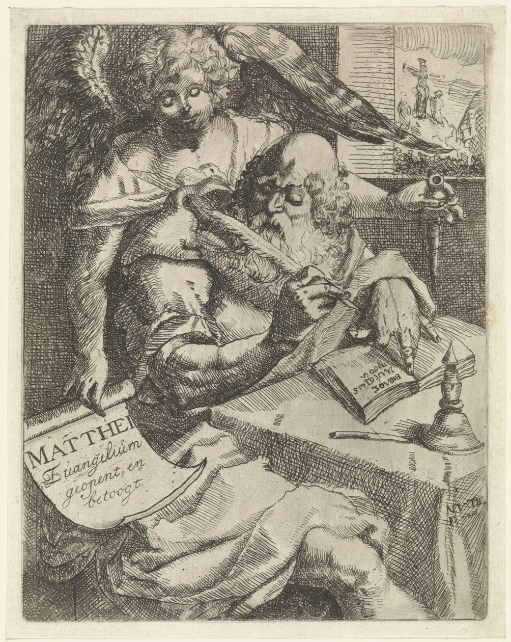 Evangelisten Matthæus Matthei Evangelium åbner og argumenterer (titel på objekt) Titelblad for: S. van Til, Het euangelium des H. Apostles Matthæi (...) åbnet med korte noter, 1687 af N. van Til