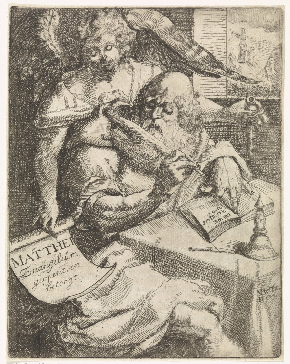 Evangelisten Matthæus Matthei Evangelium åbner og argumenterer (titel på objekt) Titelblad for: S. van Til, Het euangelium des H. Apostles Matthæi (...) åbnet med korte noter, 1687 af N. van Til