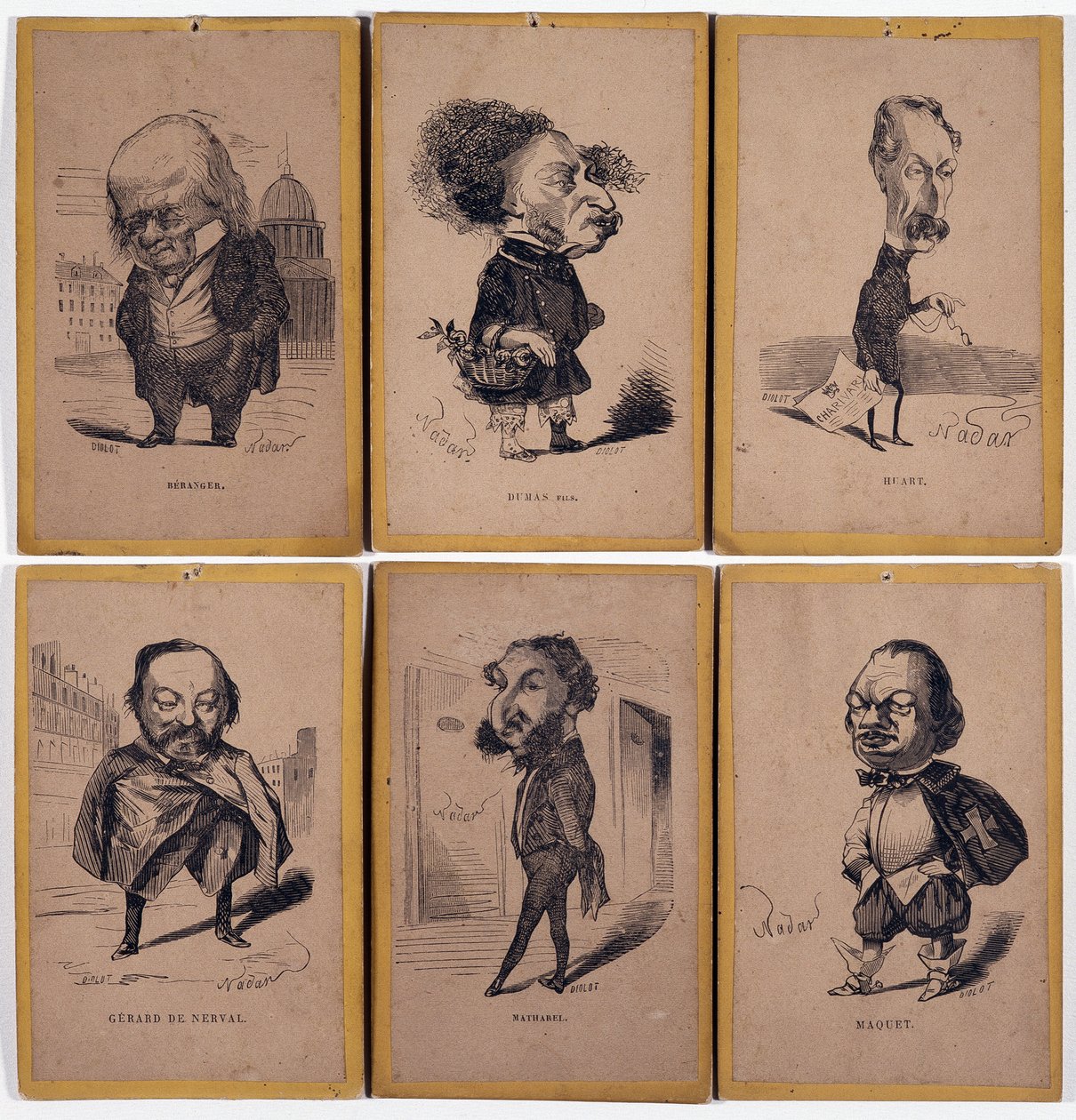 6 Charge-portrætter: Pierre Jean de Beranger (1780-1857) fransk sangskriver, Alexandre Dumas fils (1824-1895), Louis Adrien Huart (1813-1865) fransk journalist, forfatter og teaterinstruktør, Gerard de Nerval (1808-1855), Den franske forfatter Charles Math af Nadar