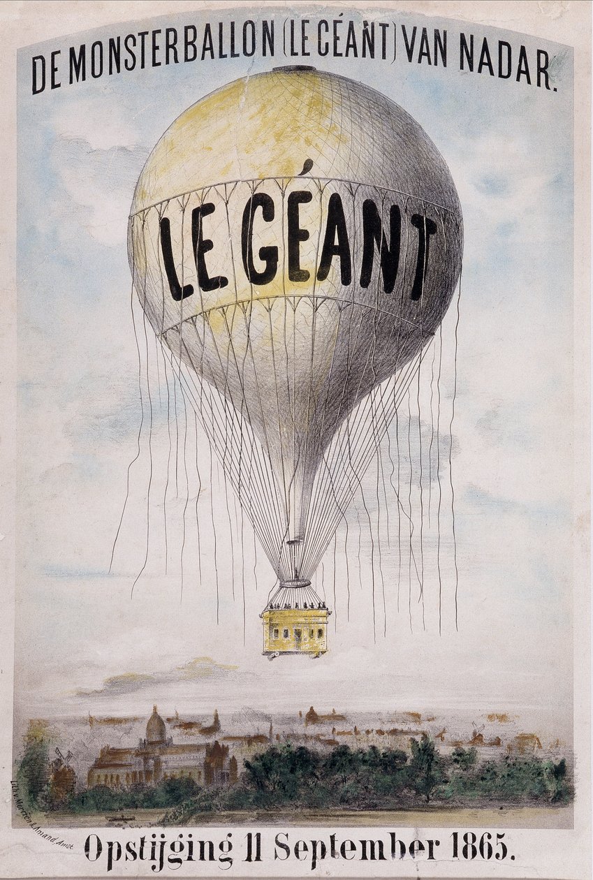 De Monsterballon (Le Giant) van Nadar Opstijging 11. september 1865. Hollandsk reklame for afviklingen af bolden "The Giant" den 11. september af Nadar