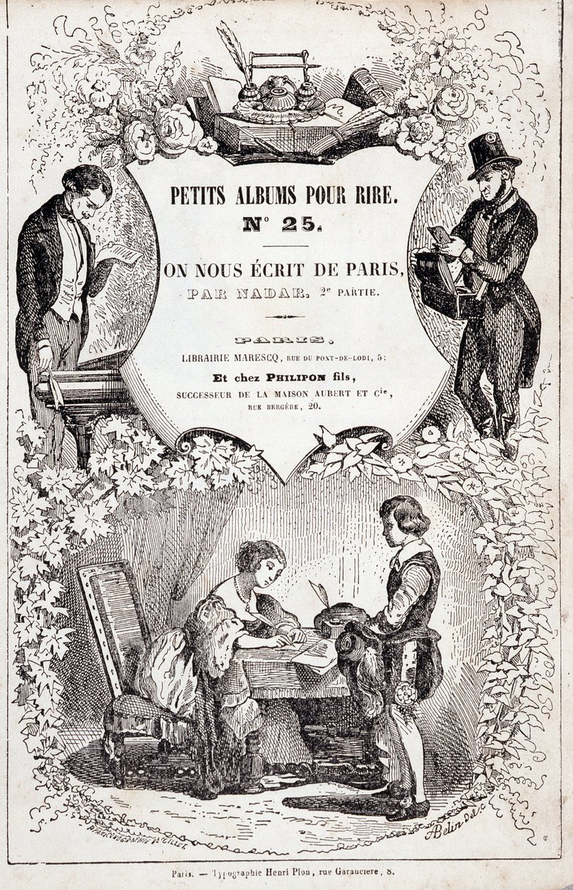 Frontispice af "Små albums til grin nummer 25. De skrev os fra Paris. Anden del”, 1850 (gravering) af Nadar
