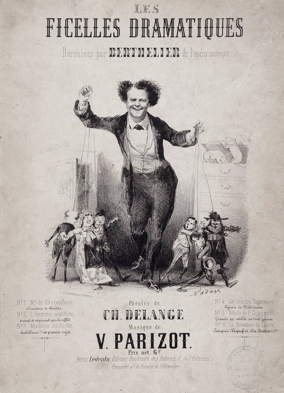 Portræt af Jean Berthelier (1830-1888) med dukkers sønner. Albummet "Les Ficelles Dramatiques deroulees af Berthelier de l