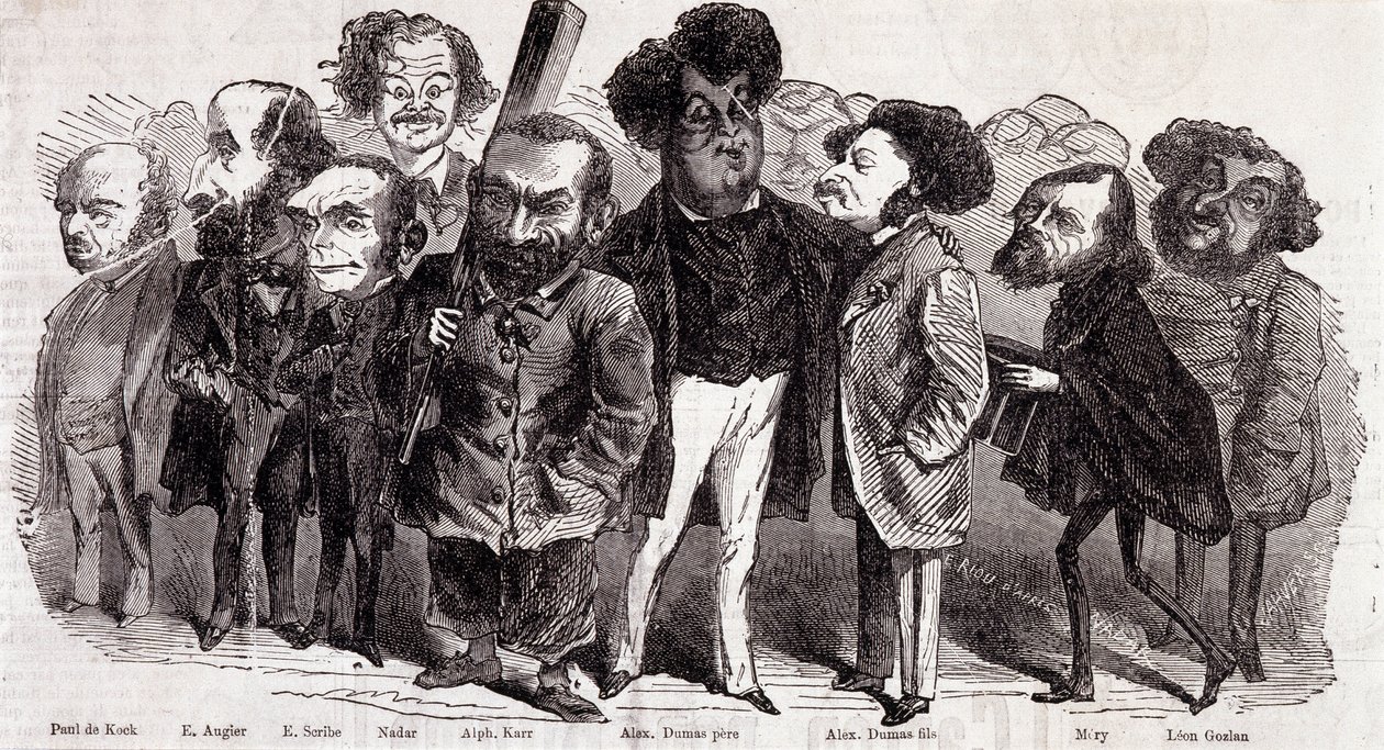 Portrætter af forfatterne Paul de Kock (1793-1871), Emile Augier (1820-1889), Eugene Scribe (1791-1861), Felix Nadar, Alphonse Karr (1808-1890), Alexandre Dumas pere (1802-1870) og Alexandre Dumas Jr. (1824-1895), Joseph Mery (1798-1866) og Leon Gozan (180 af Nadar