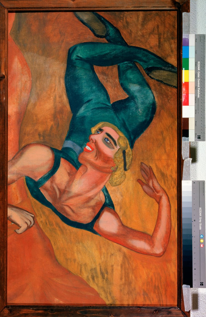 Saut (hop) - En akrobat udfører et hop, smilende ansigt, fleksibel krop deformeret af stillingen i suspension i luften - Maleri af Nadezhda Vladimirovna Lermontova (1885-1921), olie på lærred af Nadezhda Vladimirovna Lermontova