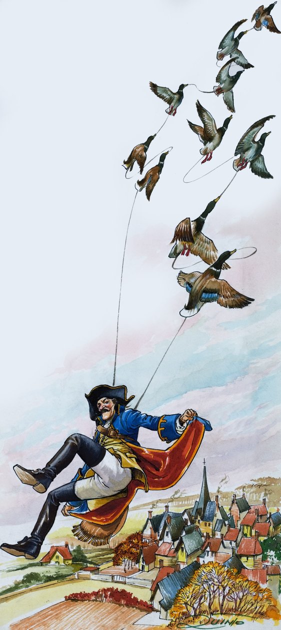 Baron Münchhausen bliver båret væk af ænder (gouache på papir) af Nadir Quinto