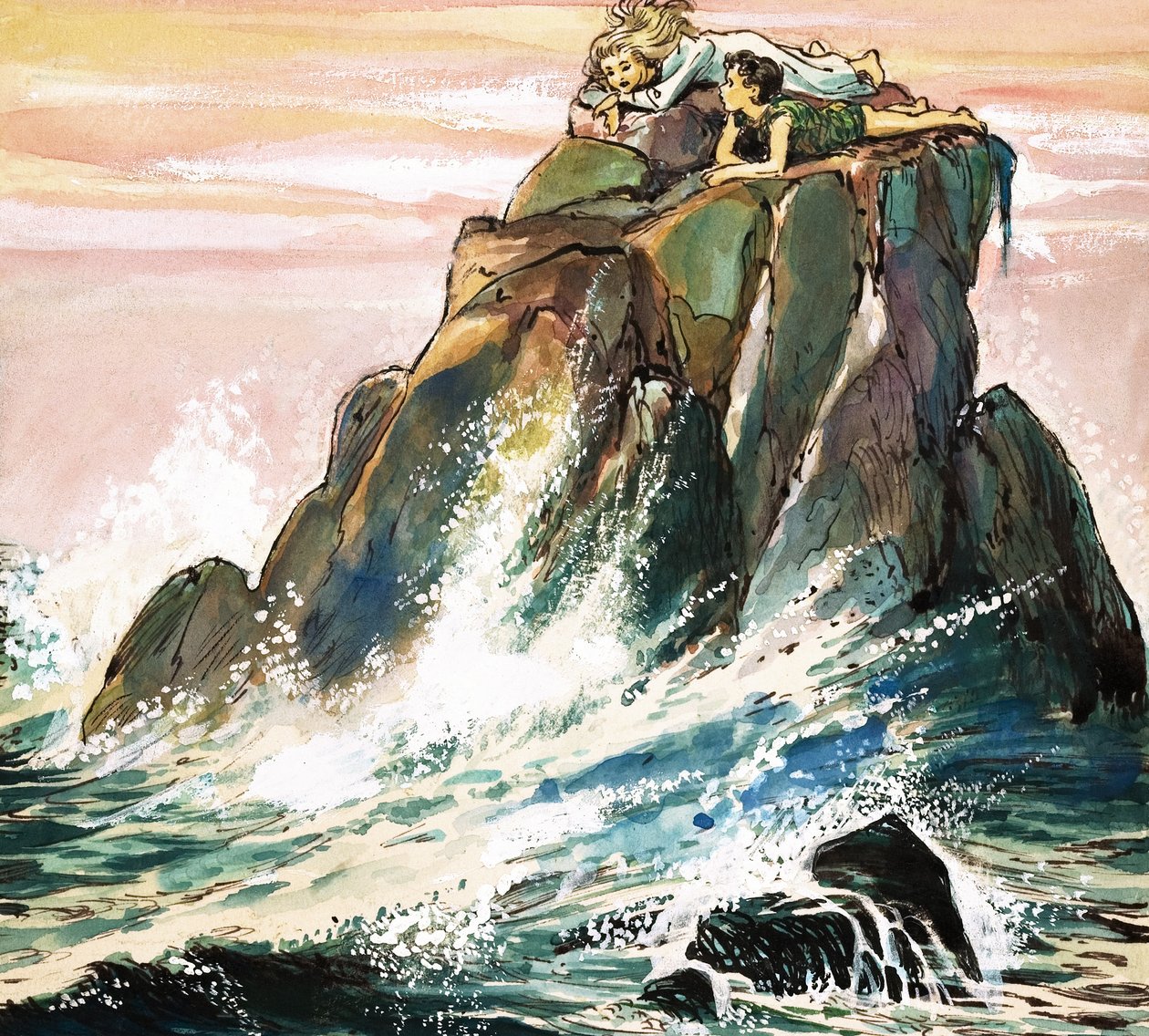 Peter Pan og Wendy Darling på en klippe, illustration fra 