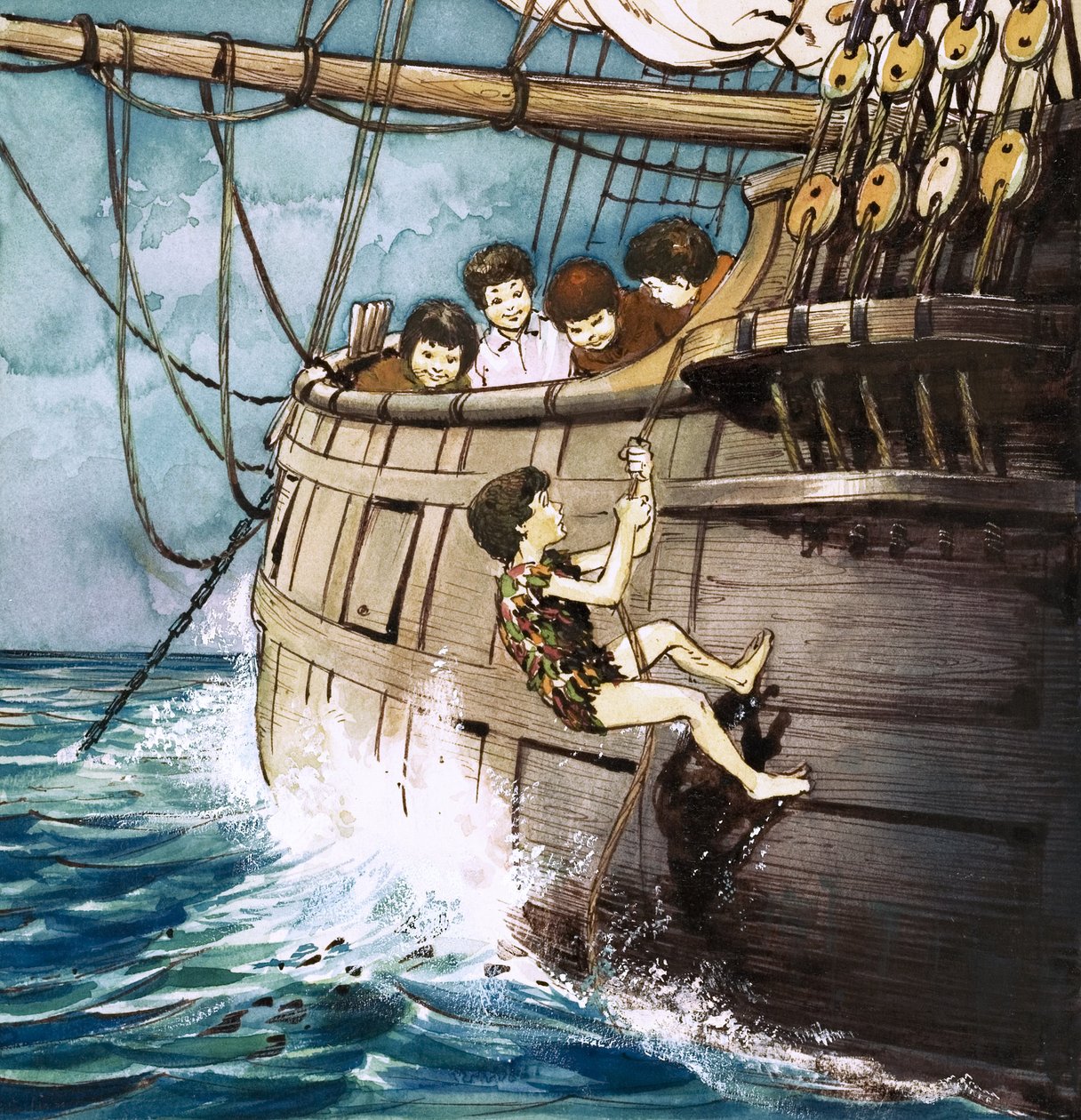Peter Pan klatrer om bord, illustration fra 