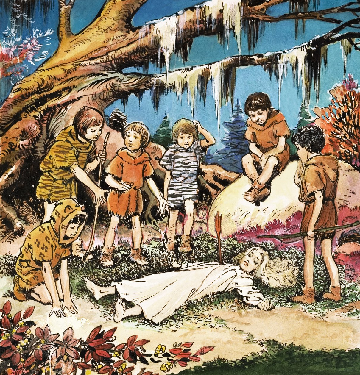De fortabte drenges bekymring for den sårede Wendy, illustration fra 