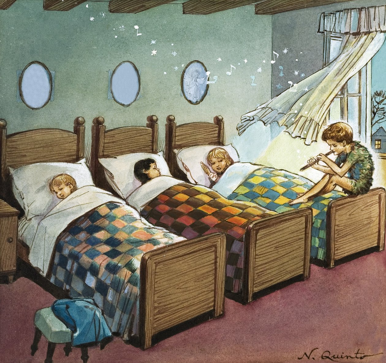 Wendy, Michael og John sover, illustration fra 