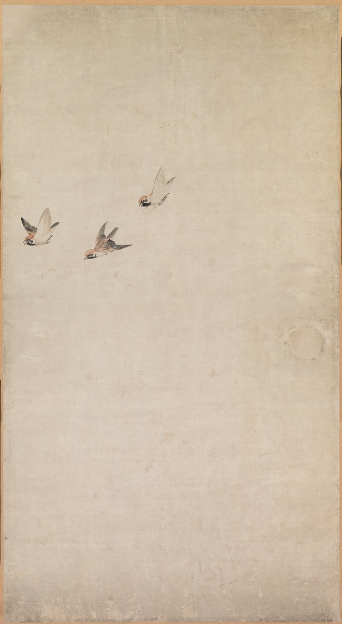 Hvalpe, spurve og krysantemum, 1754-1799. af Nagasawa Rosetsu