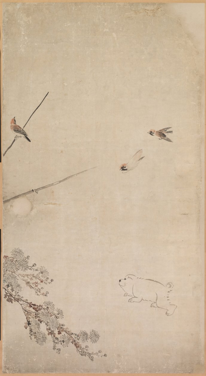 Hvalpe, spurve og krysantemum, 1754-1799. af Nagasawa Rosetsu