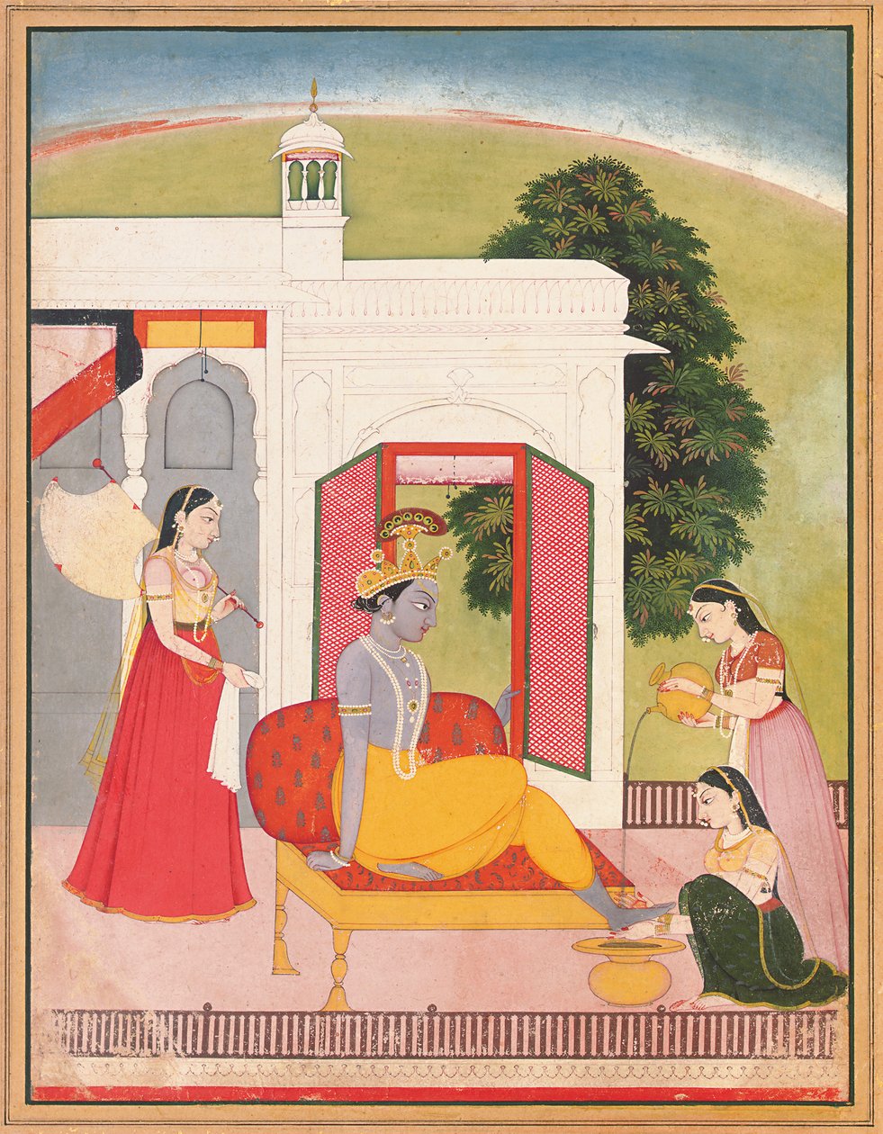 Krishnas fødder vasket af tjenestepiger, Punjab Hills, Basohli, ca. 1780 af Nainsukh