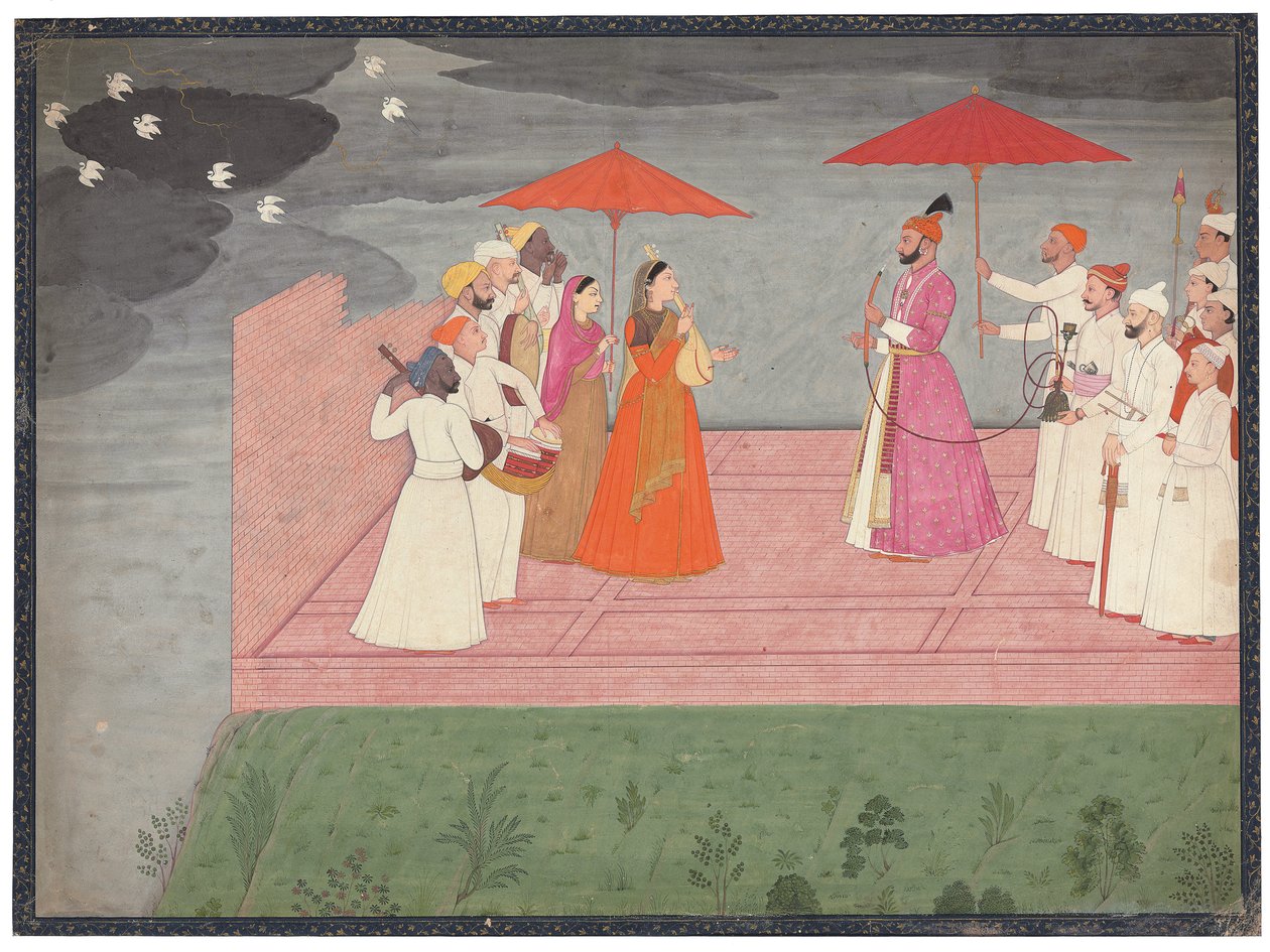 Musikere, der spiller en raga for Balwant Dev Singh i regntiden, ca. 1745-50 af Nainsukh