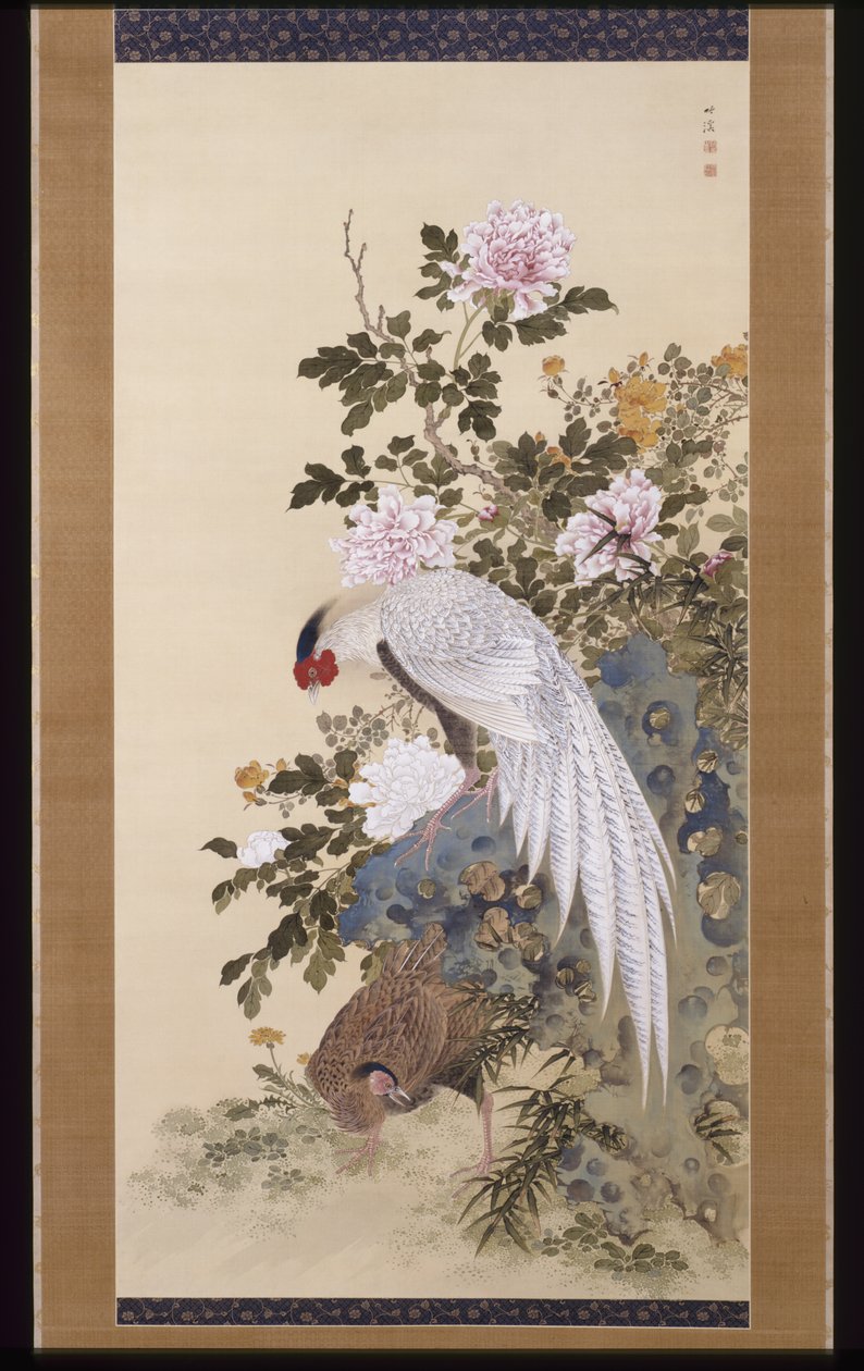 Fasaner, sten og blomster (blæk & farve på silke) af Nakabayashi Chikkei