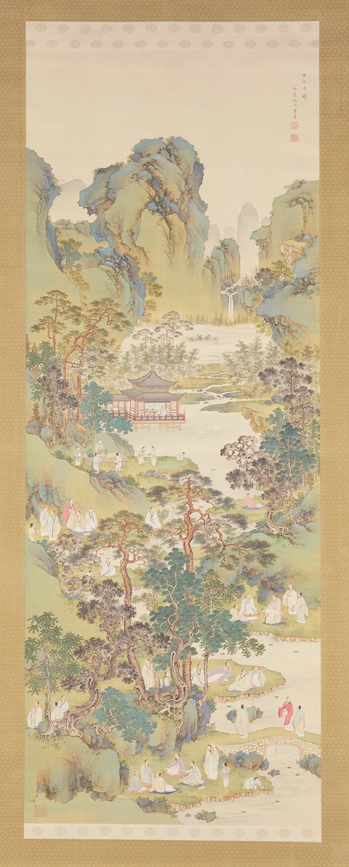 Poesisamling ved Orchid Pavillon (blæk, farve og gofun på silke) af Nakabayashi Chikkei
