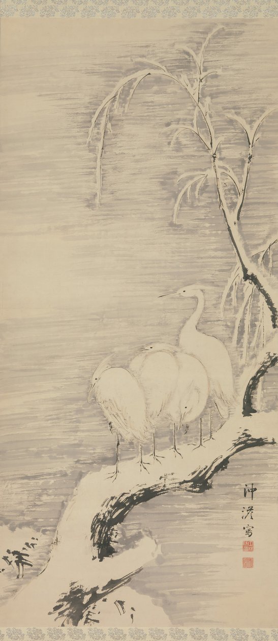 Hejrer i sneen, ca. 1840. af Nakabayashi Chikuto