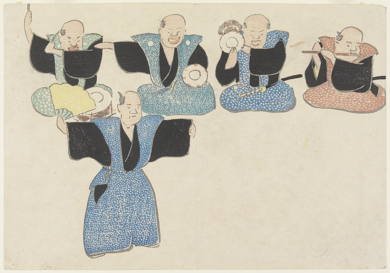 Danser og fire musikere, 1700-1800-tallet (træblok i farver) af Nakamura Hochu