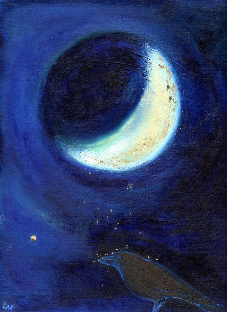Julimånen, 2014, (olie og bladguld på kort) af Nancy Moniz Charalambous