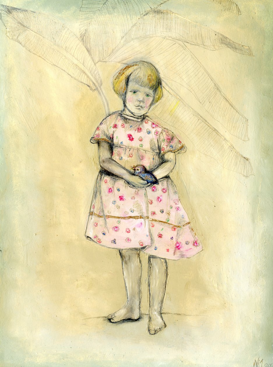 Passarinha, lille fugl, 2013, (olie på kort) af Nancy Moniz Charalambous