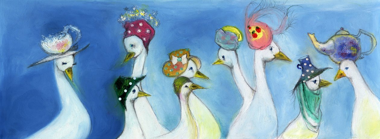 Tea Duck, 2015, (oliepastell og blyant på kort) af Nancy Moniz Charalambous