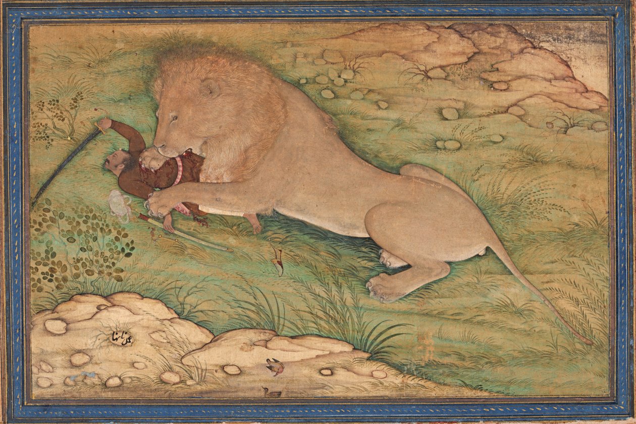 Perils of the Hunt, A Lion pounces on a Hunter, ca. 1615 (ugennemsigtigt wc på silke) af Nanha