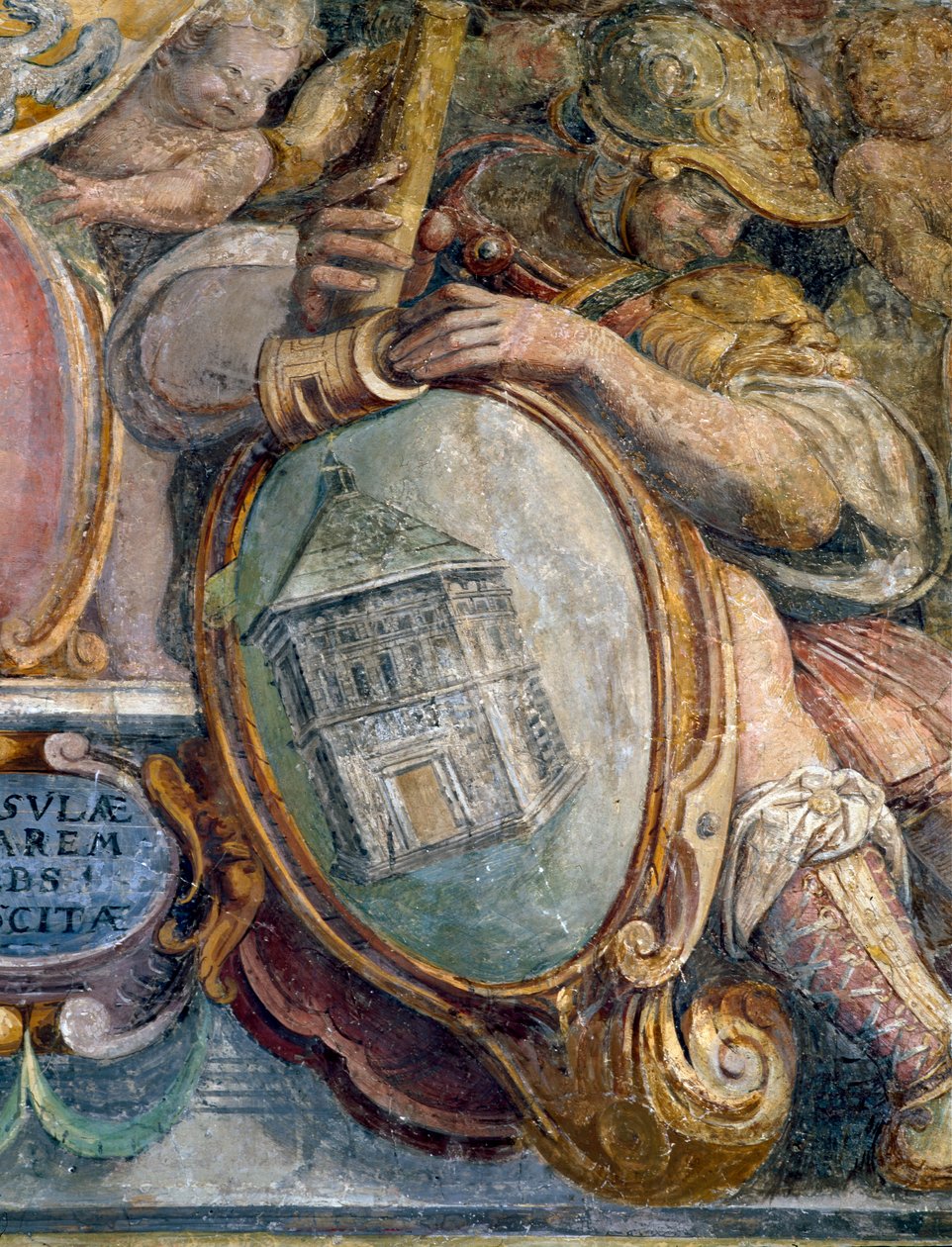 Soveværelse, detalje af frise, der afbilder byer og bygninger under Medici-kontrol, dåbskapellet i S. Giovanni, Firenze, 1564-75 fresco af Bartolomeo Ammannati