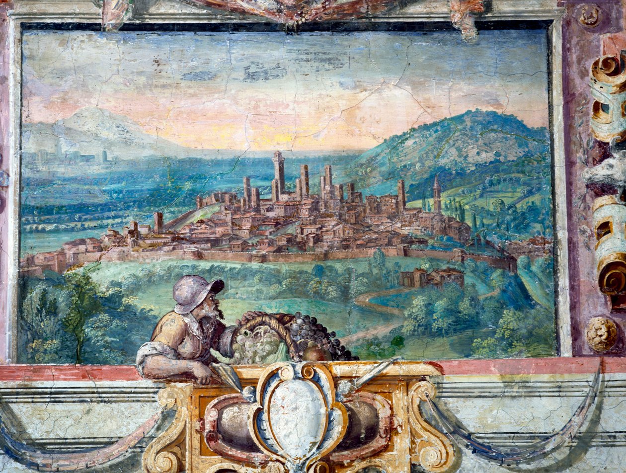 Soveværelse, detalje af frise, der afbilder byer under Medici-styret, San Gimignano, 1564-75 fresco af Bartolomeo Ammannati