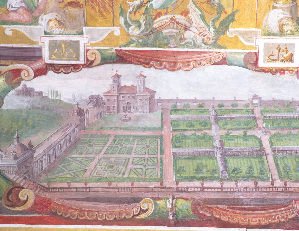 Studiolo-studiet af Francesco deMedici 1541-87 detalje af hvælvingsdekorationen, der viser en plan over villaen og dens haver, fresko fra 1564-75 af Bartolomeo Ammannati