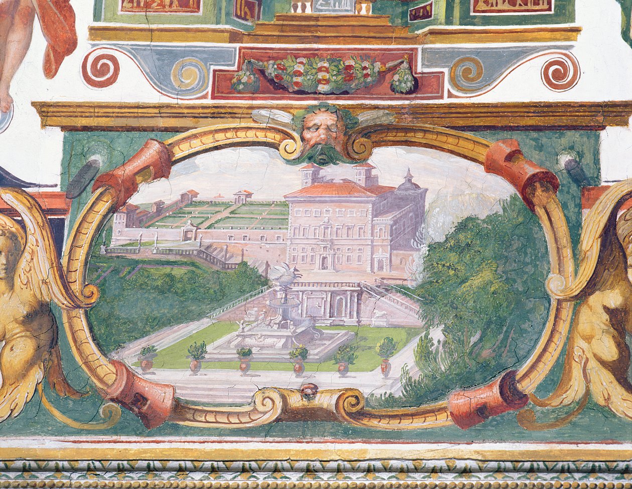 Studiolo-studiet af Francesco deMedici 1541-87 detalje af frisedekorationen, der skildrer en af Medici-villaerne, dens have og springvand, 1564-75 fresco af Bartolomeo Ammannati
