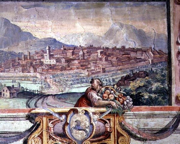 Soveværelse, detalje af frise, der forestiller byer under Medici-styret, muligvis Volterra af Nanni di B. Bigio and Bartolomeo Ammannati